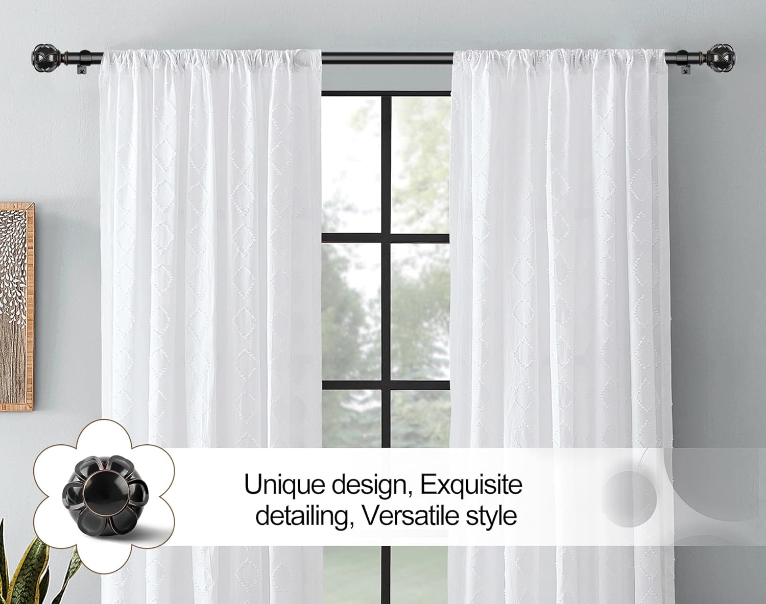 KAMANINA Black Curtain Rod 32 to 58 Inch(2.6-4.8Ft), Adjustable Heavy Duty Curtain Rods for Windows 28 to 48 Inch, 7/8 Inch Drapery Rods with Decorative Netted Texture End